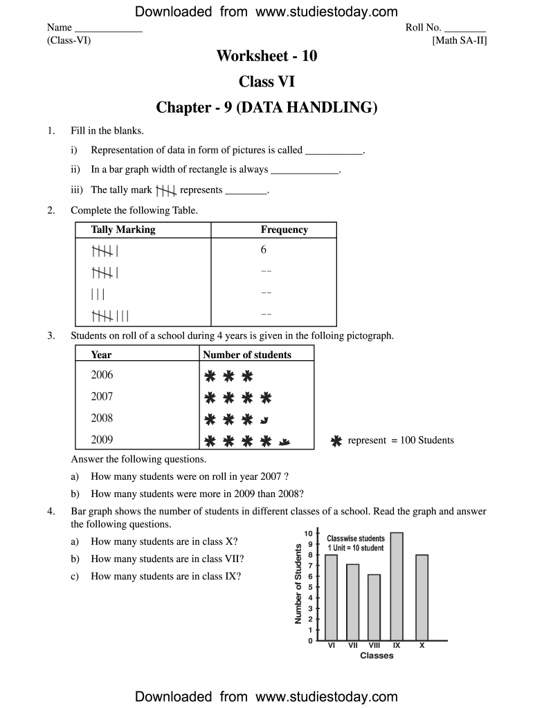 Data Handling Class 6 Worksheet  Form
