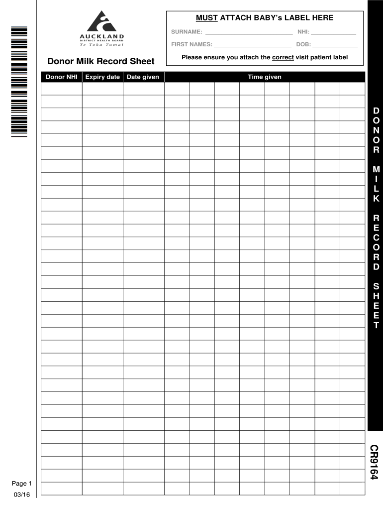  CR9164 Donor Milk Record Sheet0316 2016-2024