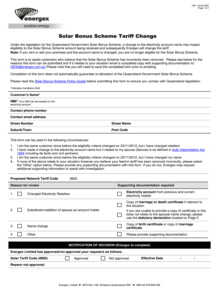  Solar Bonus Scheme Tariff Change Form 1641 2020-2024