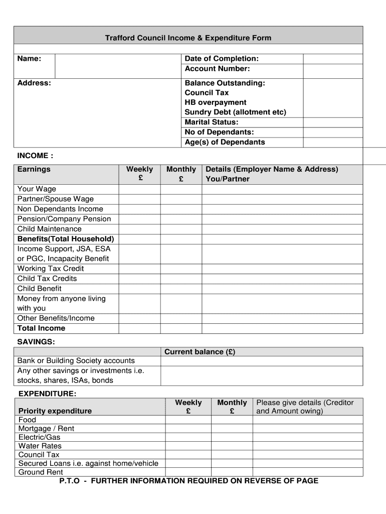 Trafford Council Income &amp;amp;amp; Expenditure Form Name Date of