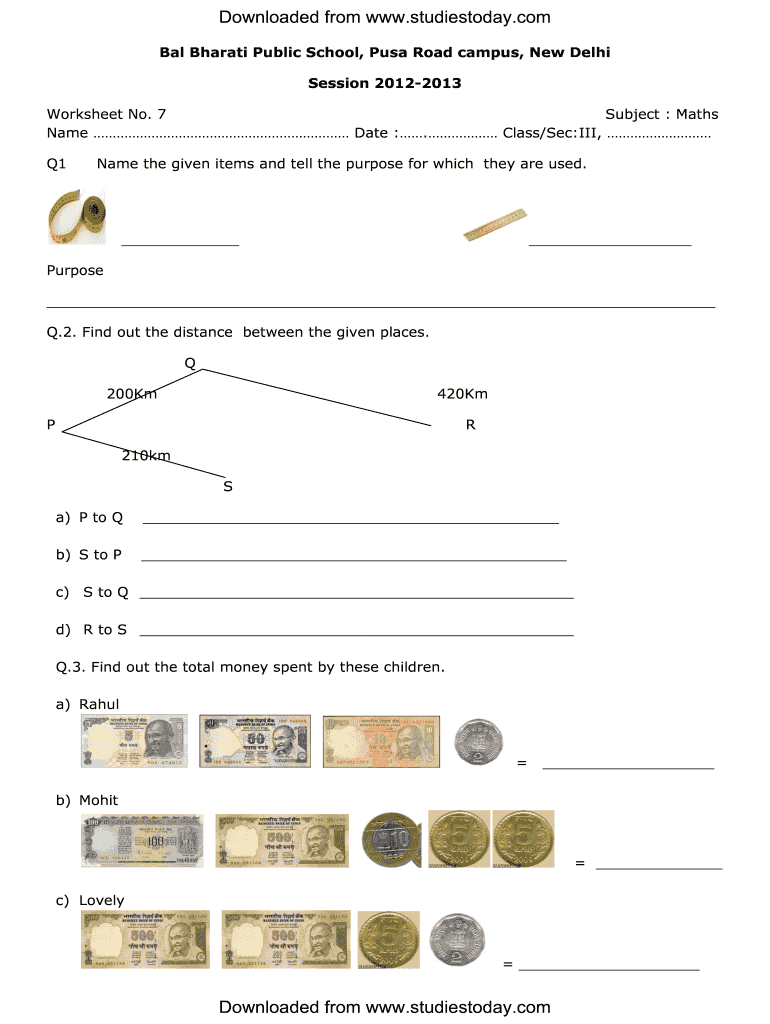 Maths Worksheets for Class 3 Cbse PDF  Form