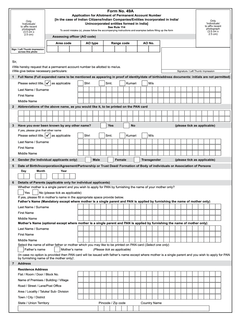 Form No 49A Application for Allotment of Permanent Account