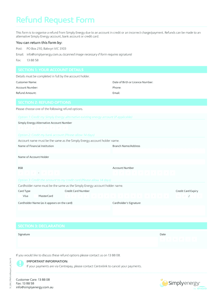 Fillable Online Refund Request Form Simply Energy Fax