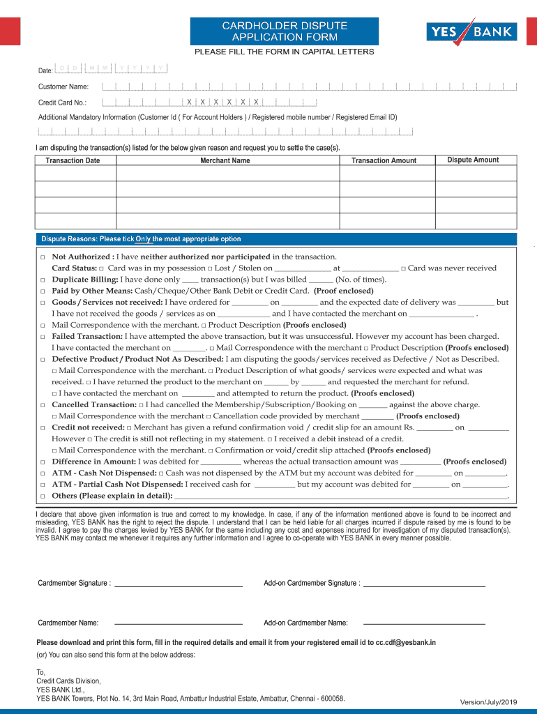  Yesbank 1237 E YBLCardholder Dispute Form 30 07 Cdr 2019