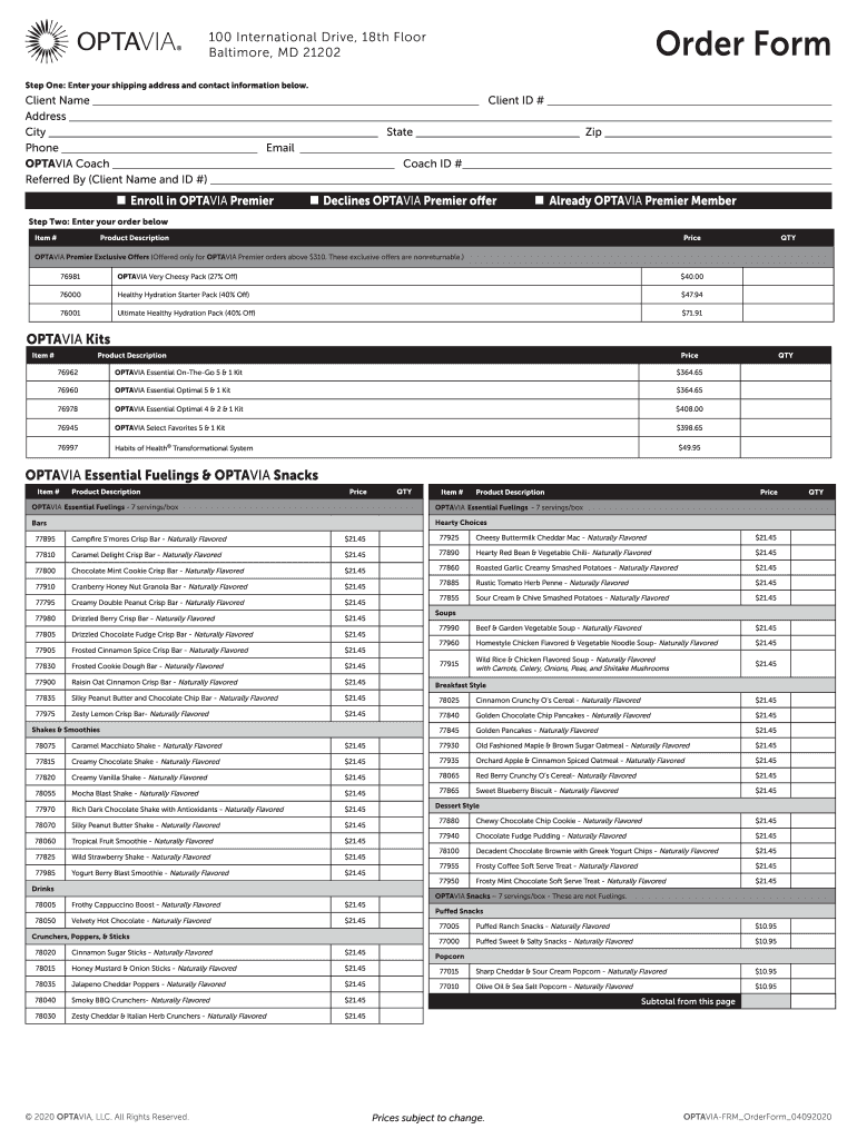 Optavia Order Form