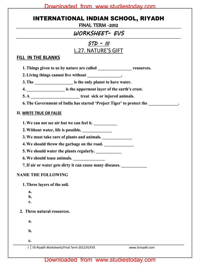Class 3 Evs Worksheet PDF  Form