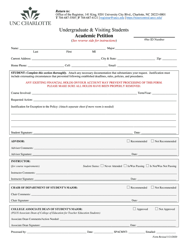  Transient Study Form Office of the Registrar UNC Charlotte 2020-2024