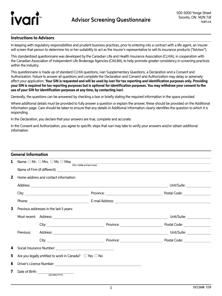 DCC1698 DCC1698 Advisor Screening Questionnaire  Form