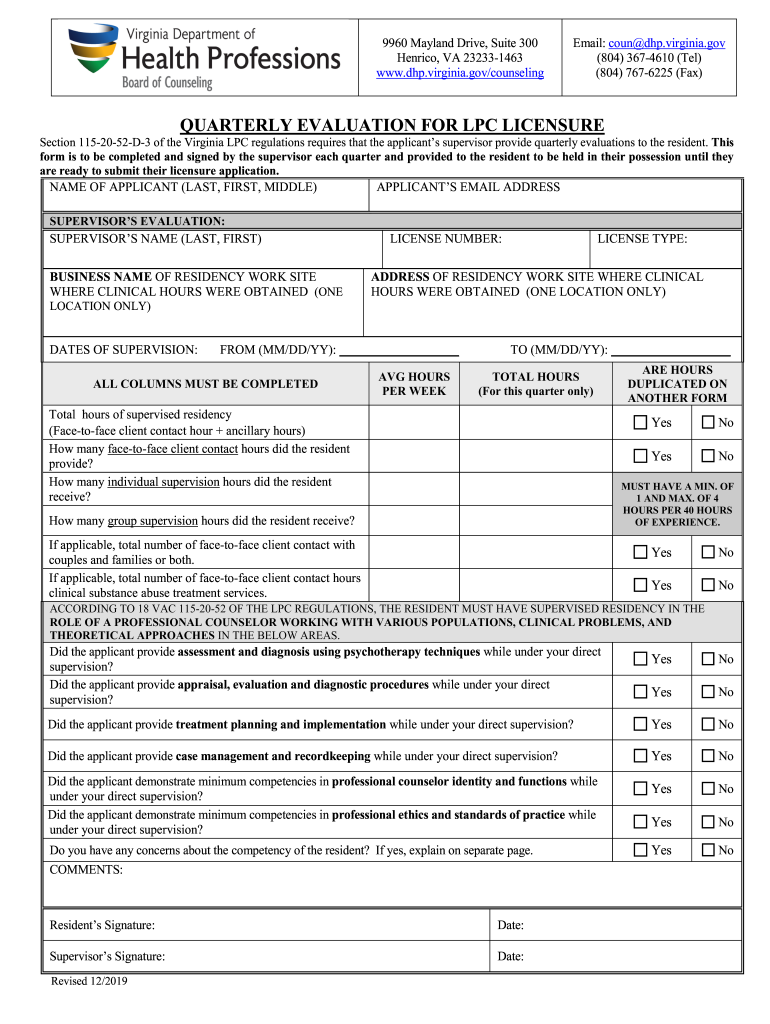 Virginia Board of Counseling Virginia Department of Health  Form