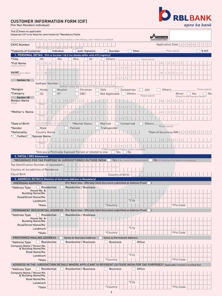 Customer Information File CIF Individual Registration Form