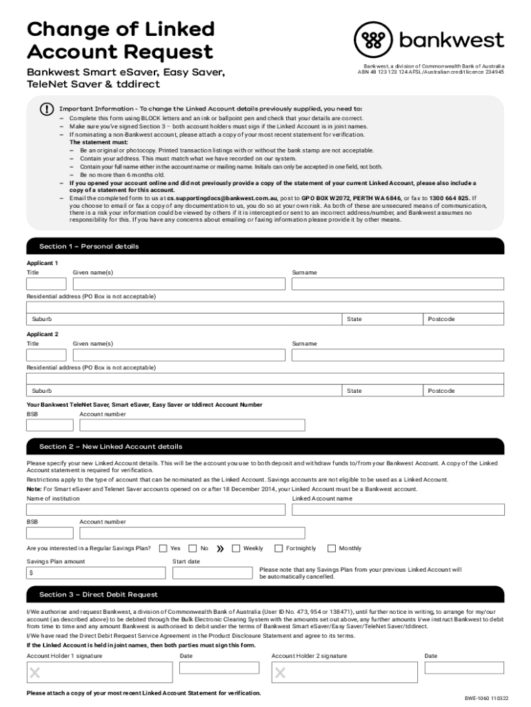 Change of Linked Account Request Banquet Smart Sav  Form