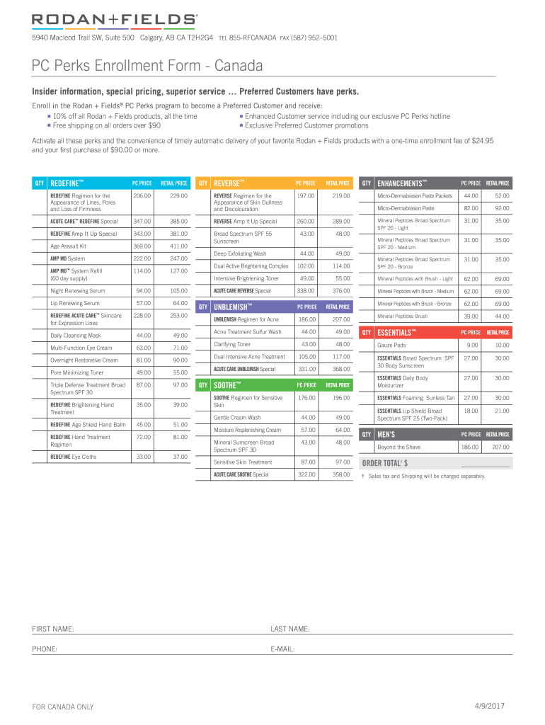  PC Perks Enrollment Form Canada Rodan Fields 2017-2024