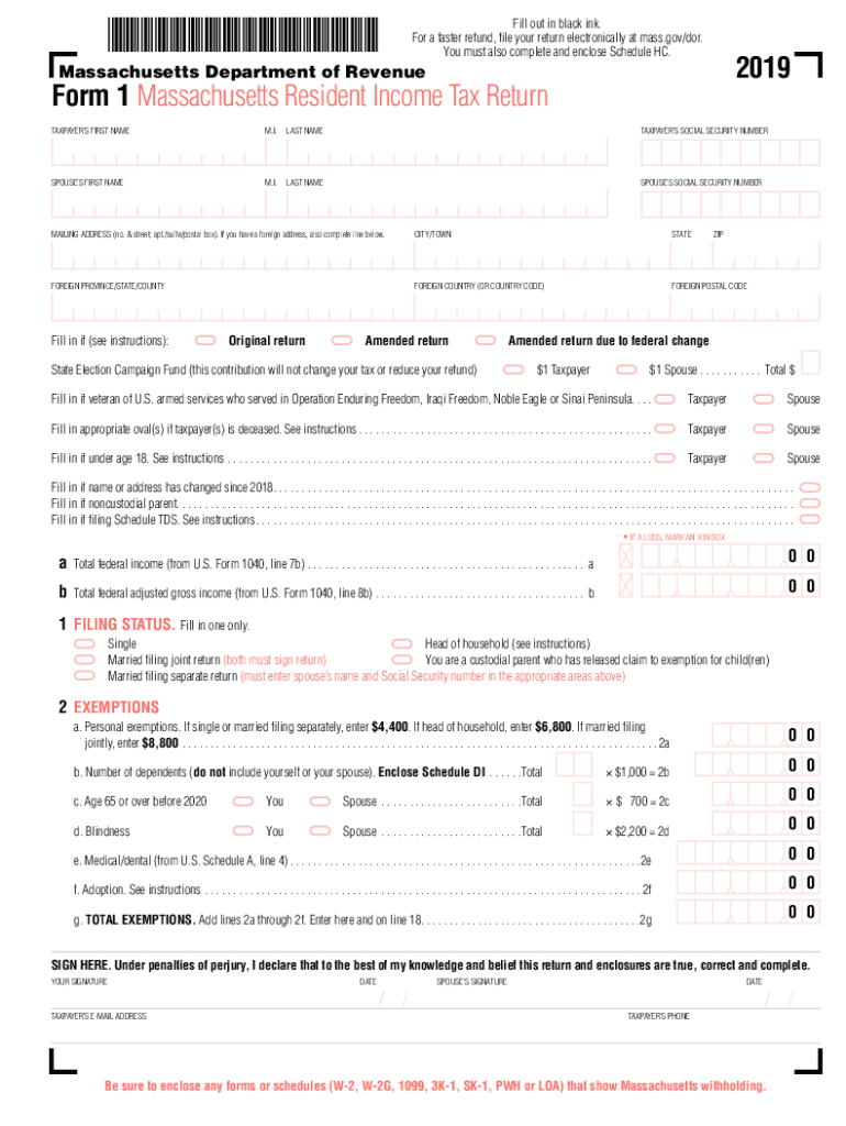  Form 1 Massachusetts Resident Income Tax Return 2019