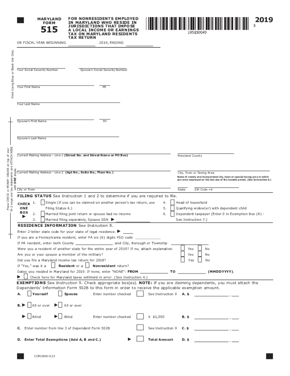  Maryland Form for Nonresidents Employed in Maryland Who 2019