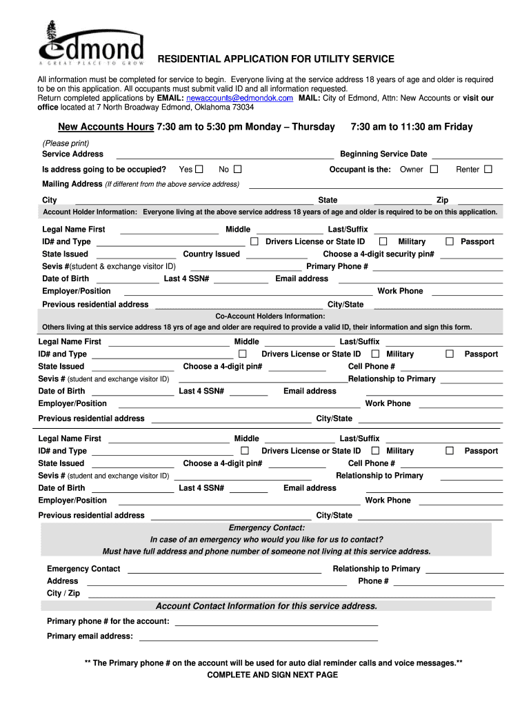 RESIDENTIAL APPLICATION for UTILITY Edmond, OK  Form