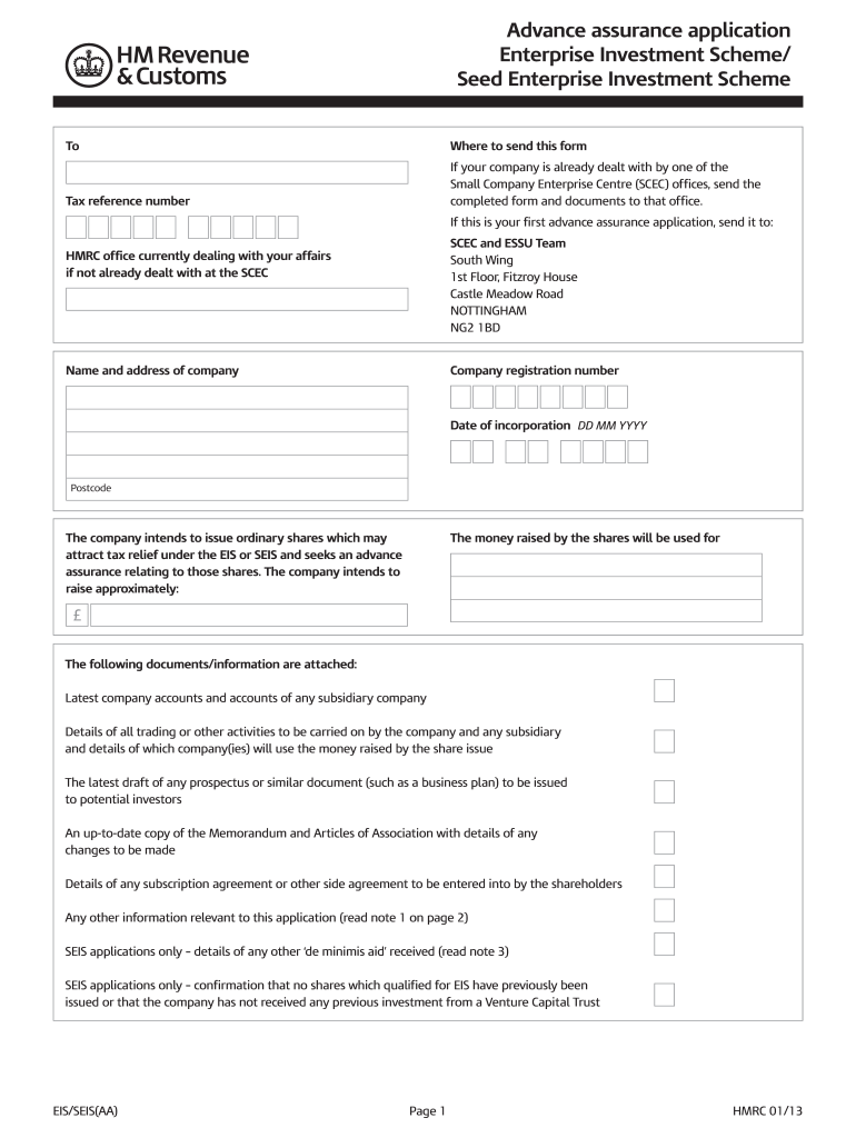 EISSEISAA Application Form for EIS or SEIS Advance Assurance Request the Form is Used by Companies Seeking Assurance, in Advance