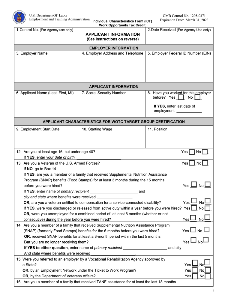 Attachment 5A Individual Characteristics Form ICF Work Opportunity Tax Credit ETA Form 9061 Rev November