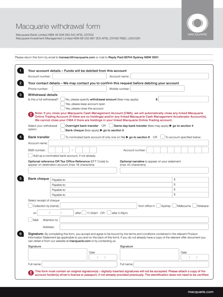 Macquarie Withdrawal 20192024 Form Fill Out and Sign Printable PDF