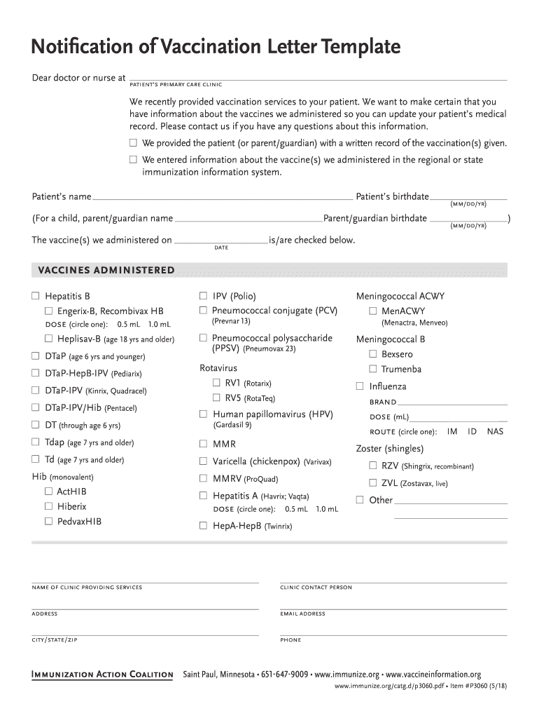  Notification of Vaccination Letter Template Immunization 2018-2024