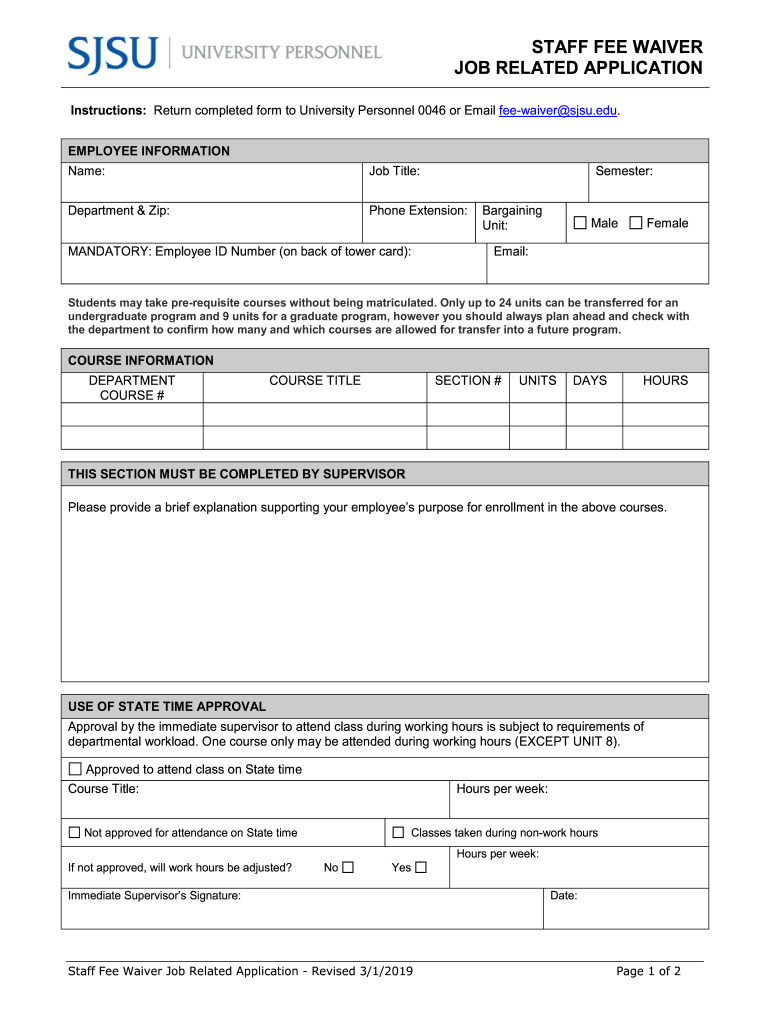  Staff Fee Waiver Job Related Application PDF 2019-2024