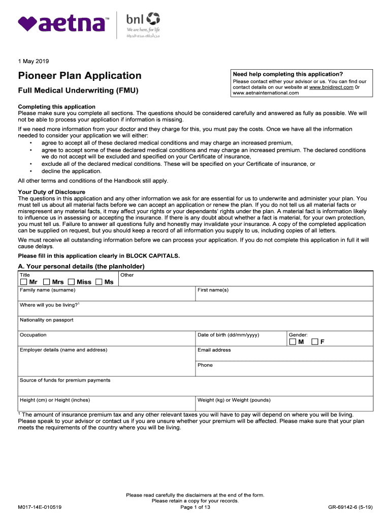  Pioneer Individual Application Aetna International 2019-2024