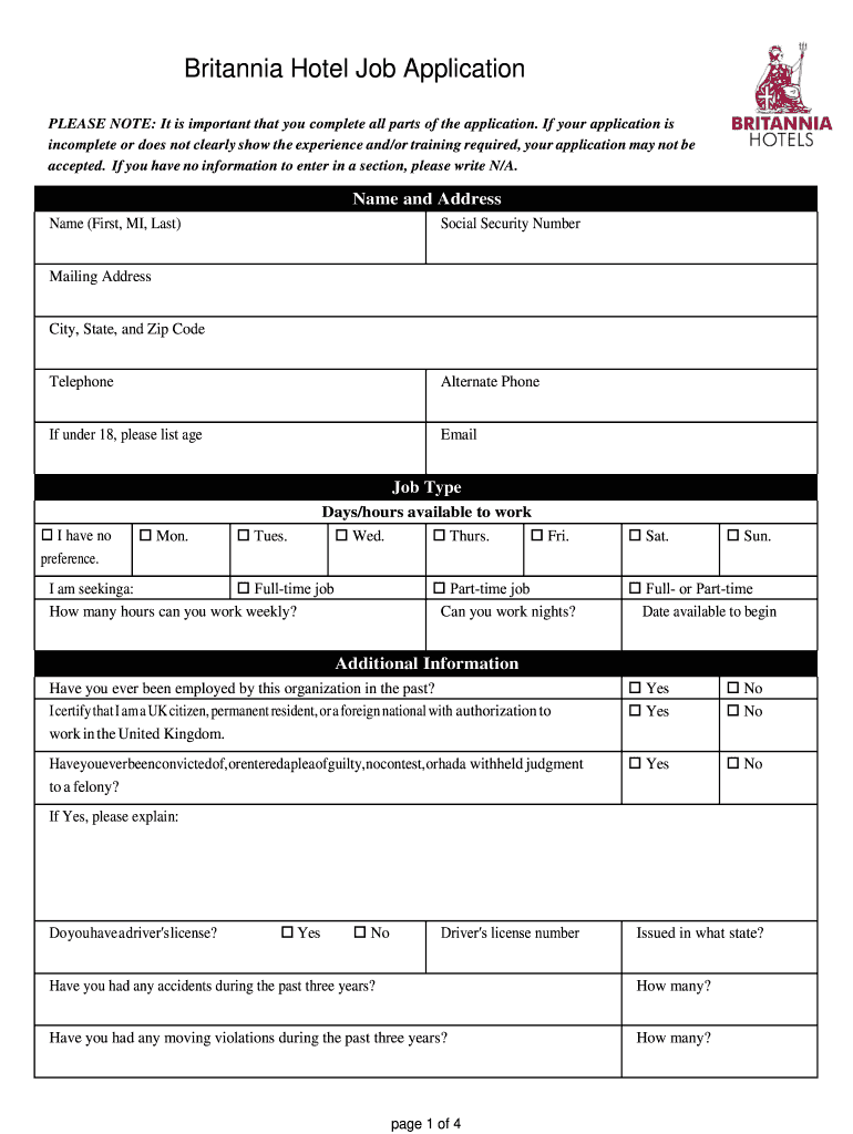 Britannia Hotel Job Application Form Job Applications