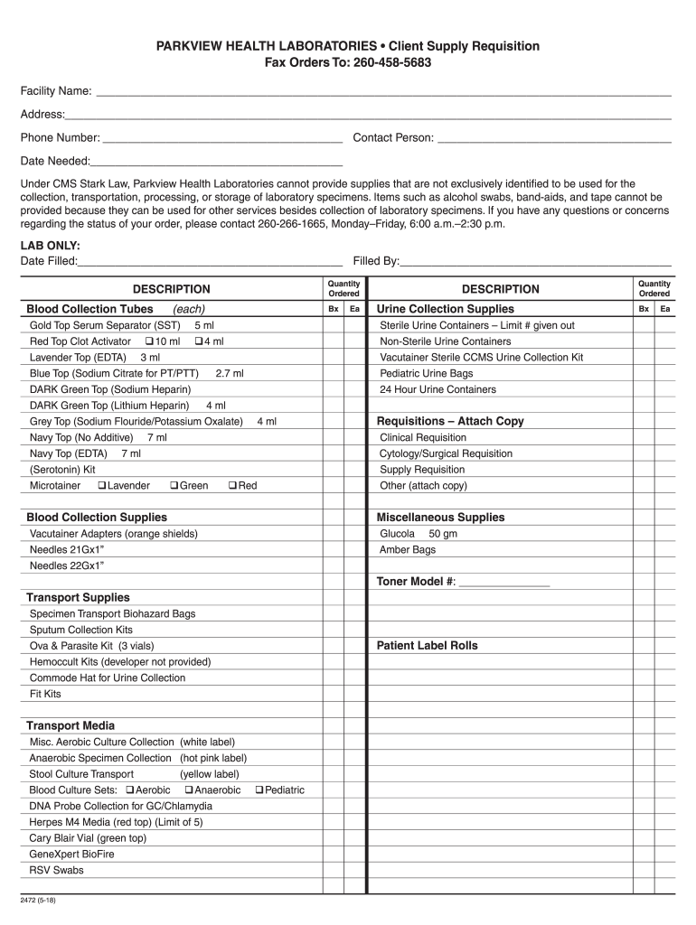 Customer Service Parkview Health Laboratory Test Directory  Form