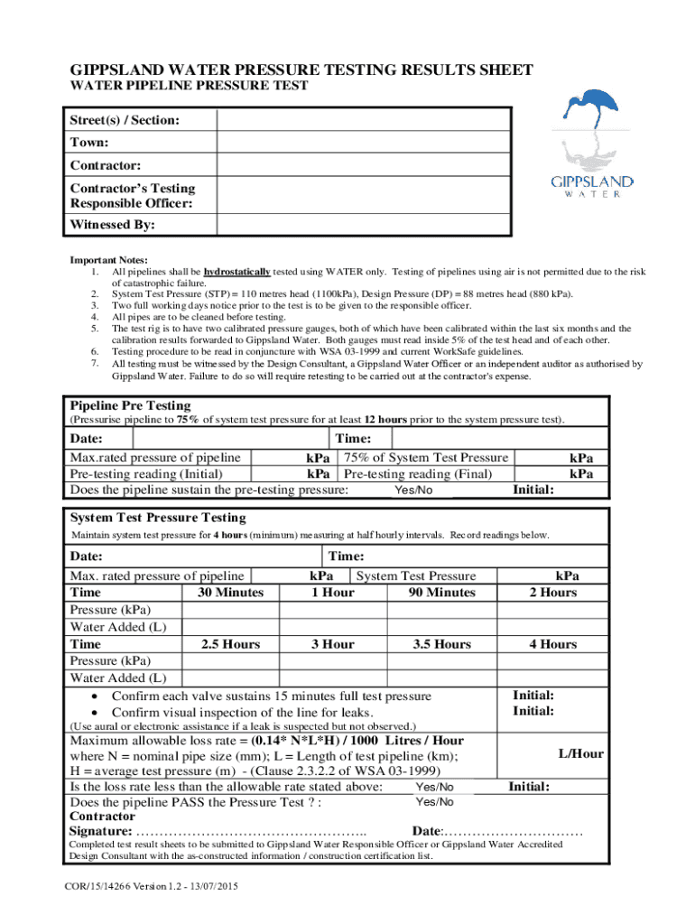  GIPPSLAND WATER PRESSURE TESTING RESULTS SHEET WAT 2015-2024