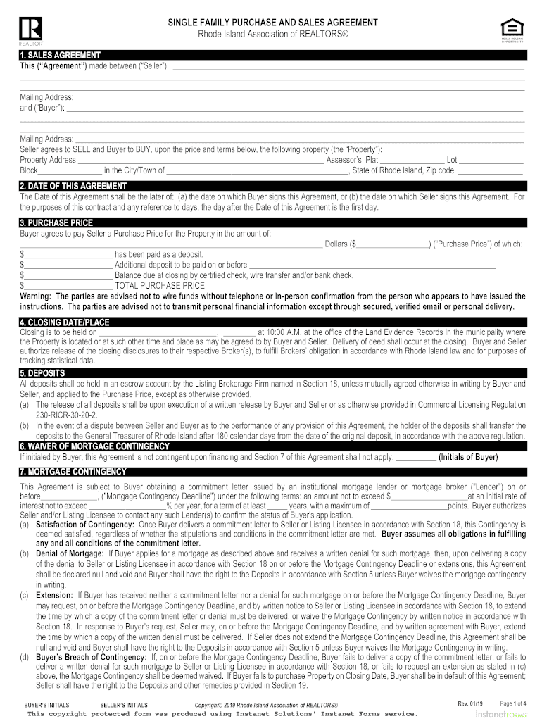 Purchase &amp;amp; Sales Agreement Single Family 01 19 PDF  Form