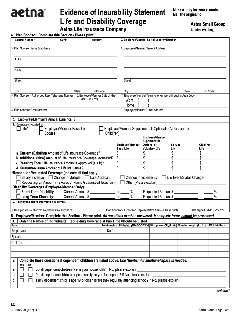  Small Group Evidence of Insurability Statement Life and 2017