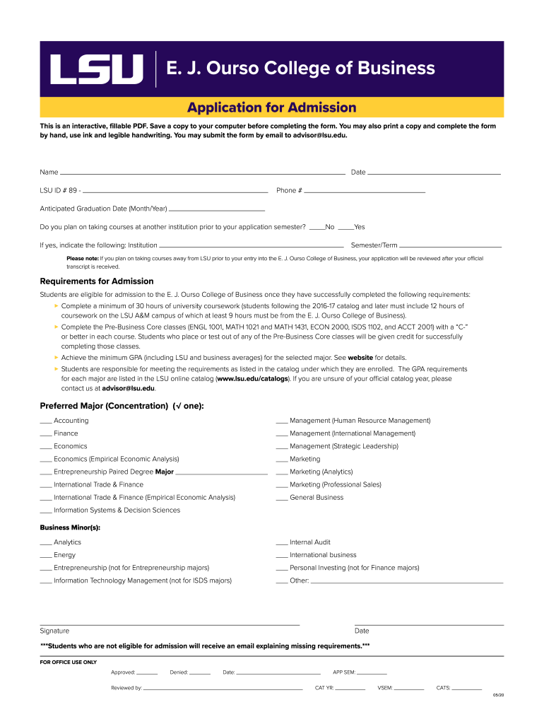  Application for Admission LSU E J Ourso College of Business Interactive Application Form 2020