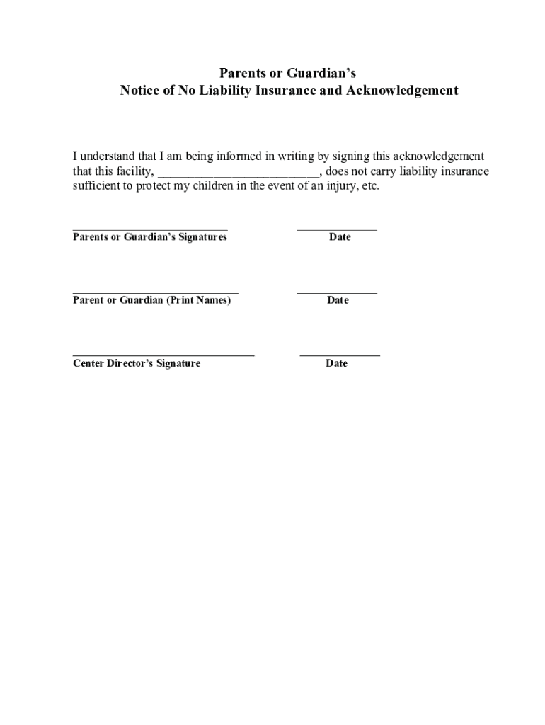  Parents or Guardians Notice of No Liability Insura 2007-2024