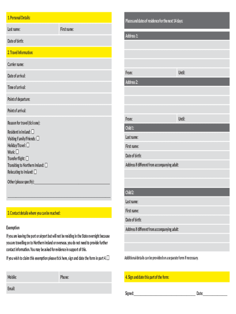 Passenger Locator Form Ireland Printable