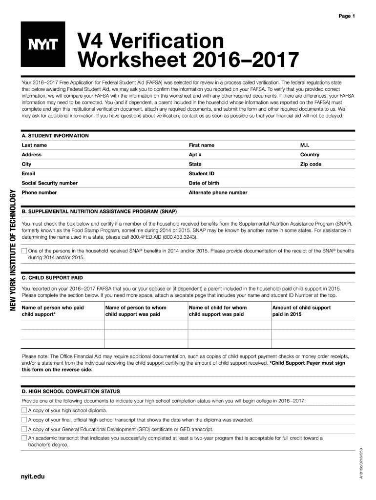 Get and Sign Verification Worksheet Dependent Student V5 2016 Form