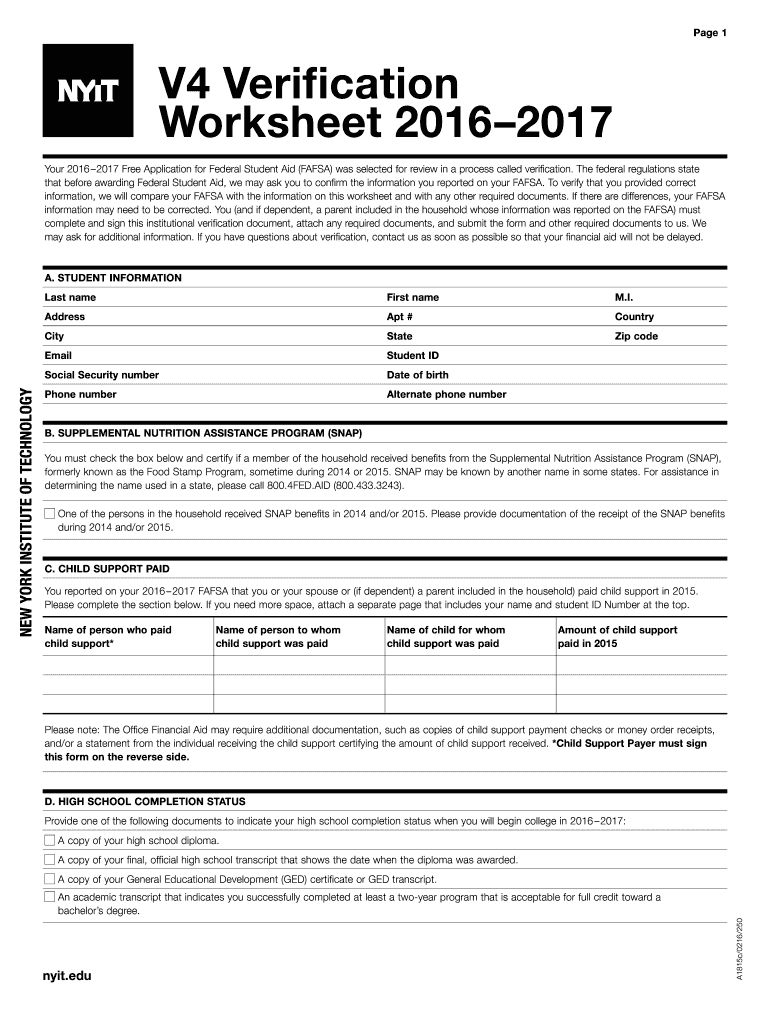  Verification Worksheet Dependent Student V5 2016