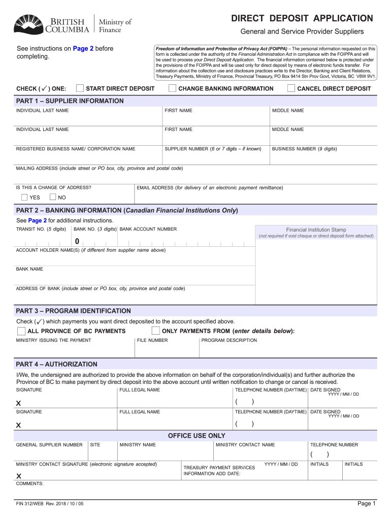  FIN 312 Direct Deposit Application Provincial Treasury 2018-2024