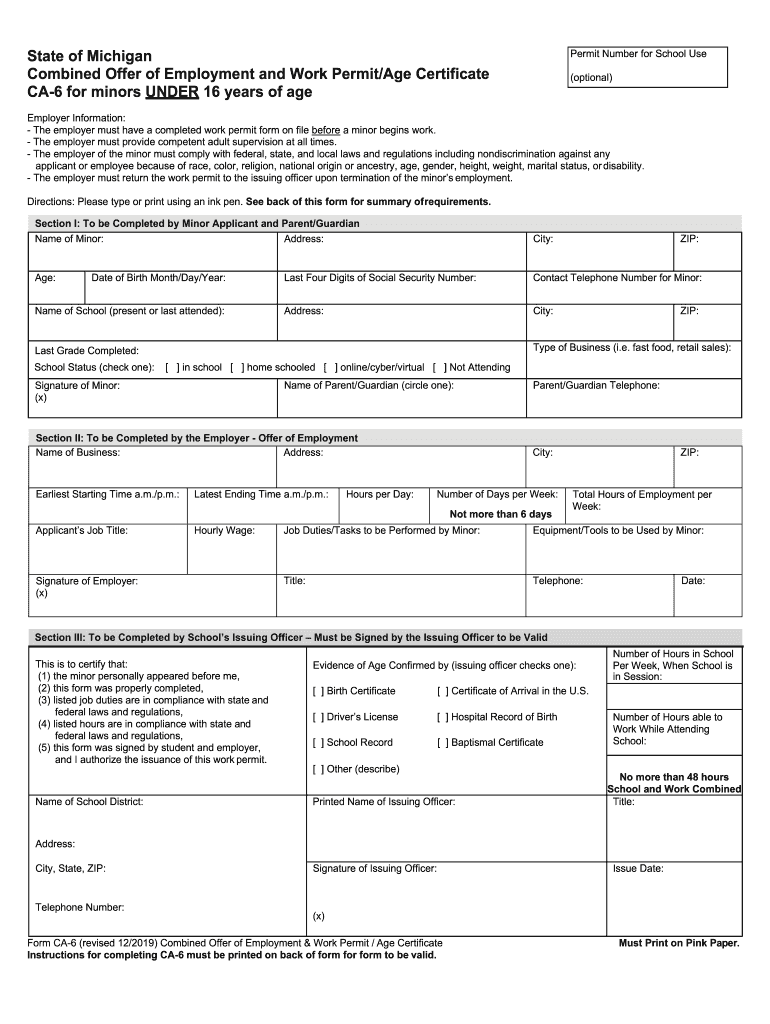 Work Permit Michigan Fill Online, Printable, Fillable, Blank  Form