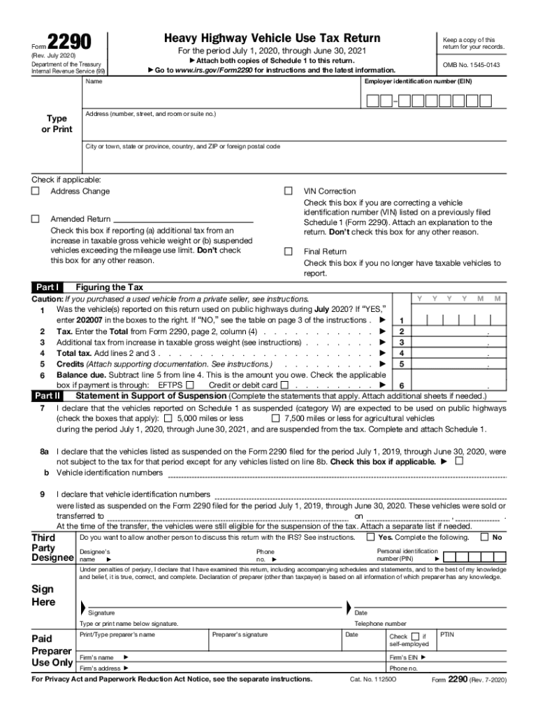  Form 2290 Rev July Heavy Highway Vehicle Use Tax Return 2020