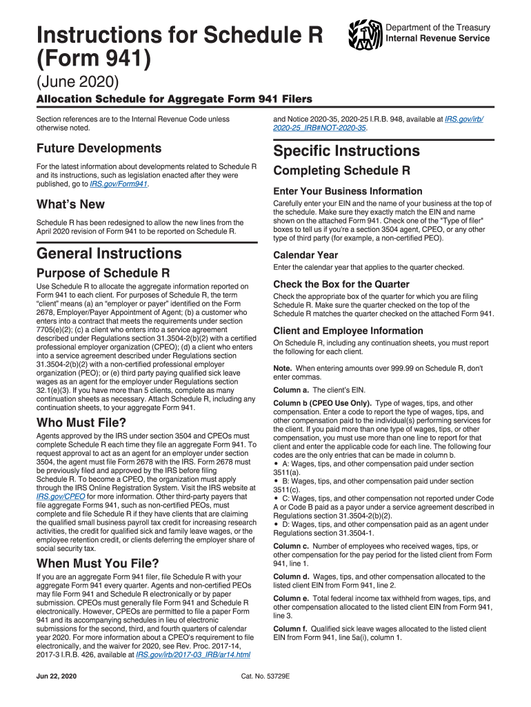  Instructions for Schedule R Form 941 Rev June Instructions for Schedule R Form 941, Allocation Schedule for Aggregate Form 941 F 2020