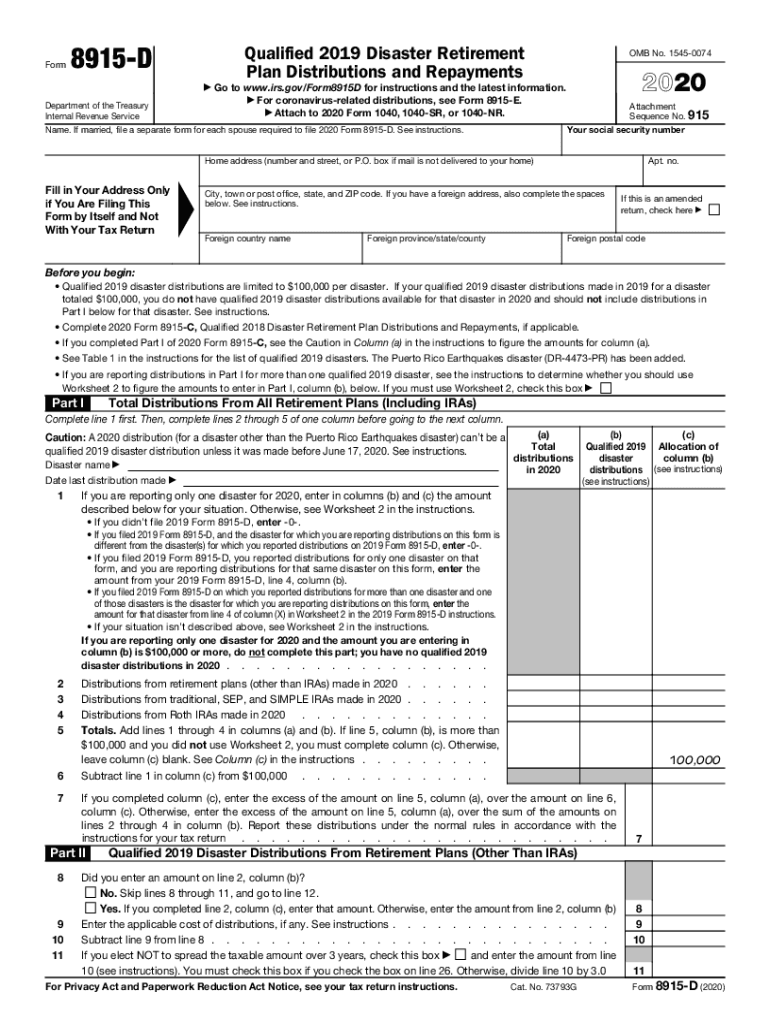  Form 8915 D Qualified Disaster Retirement Plan Distributions and Repayments 2020