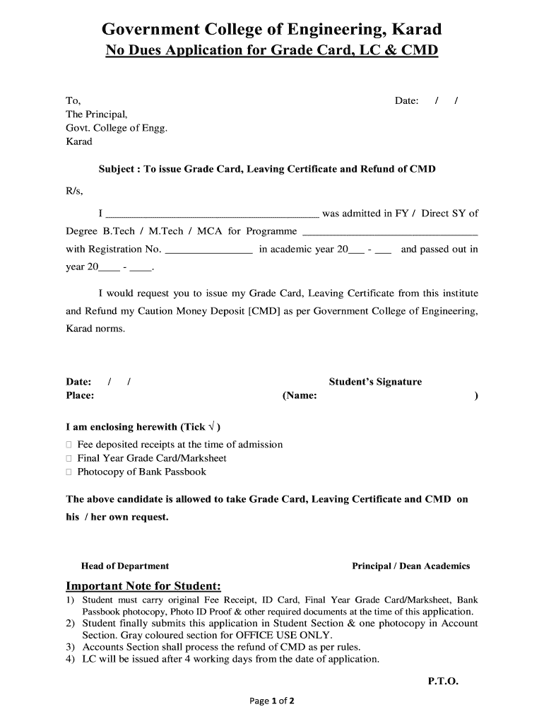 No Dues Application for College  Form
