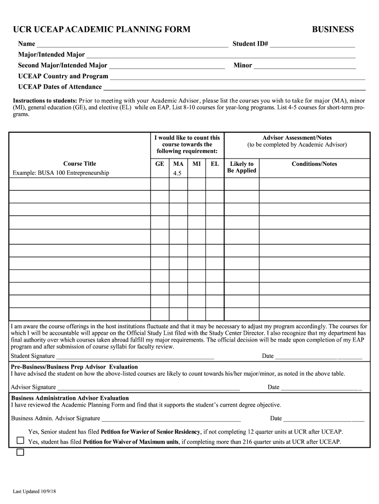 INSTRUCTIONS to STUDENT UCR UCEAP ACADEMIC PLANNING FORM