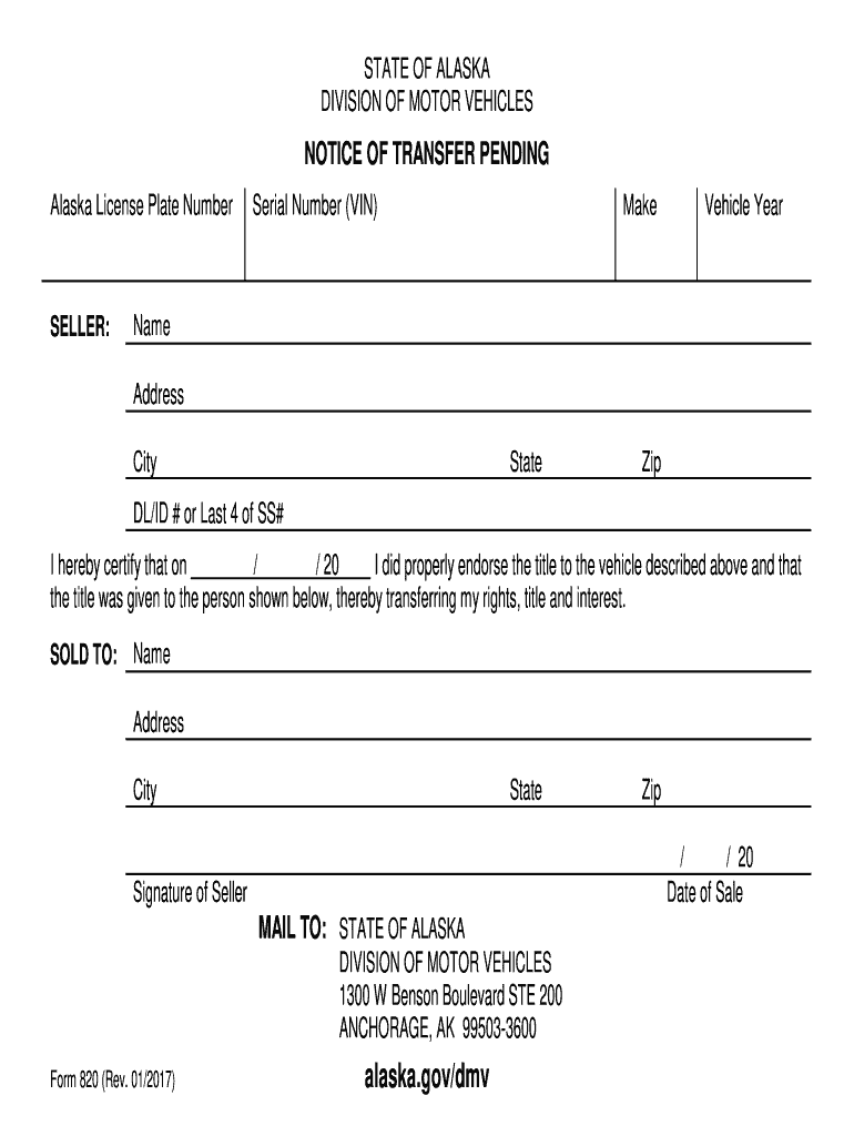 Notice of Transfer Pending Alaska Department of  Form