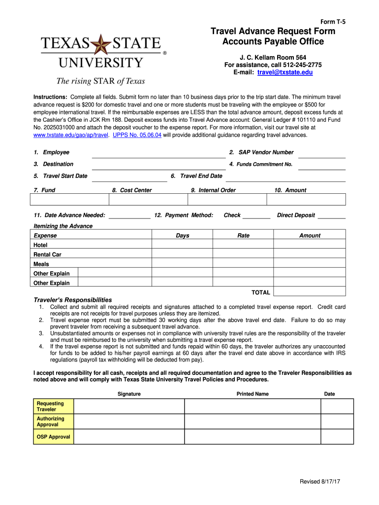 Get and Sign Travel Forms Forms Travel Office Texas State University 2017-2022