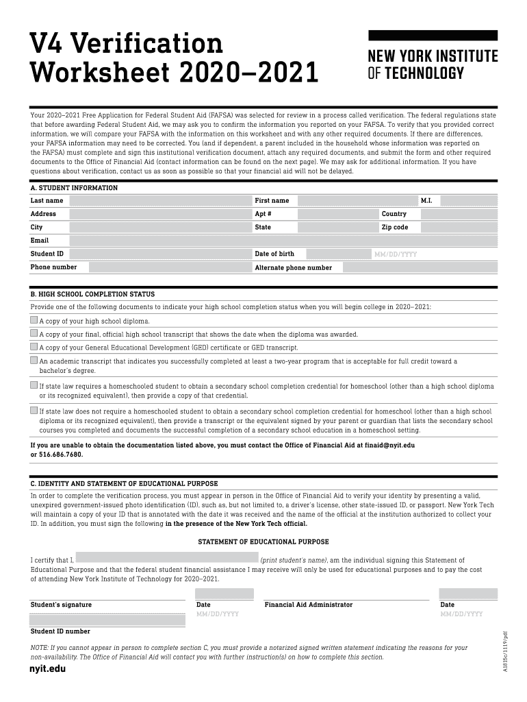 V4 Verification Worksheet 20202021 NYIT Fill Out and Sign Printable