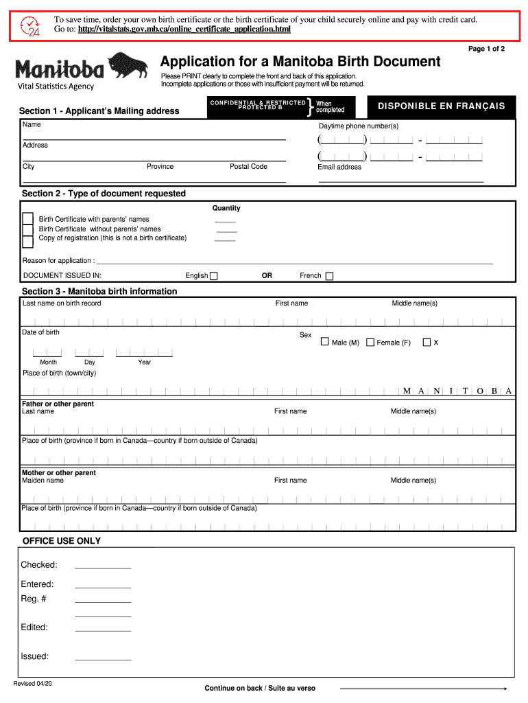 Application Manitoba Birth Document  Form