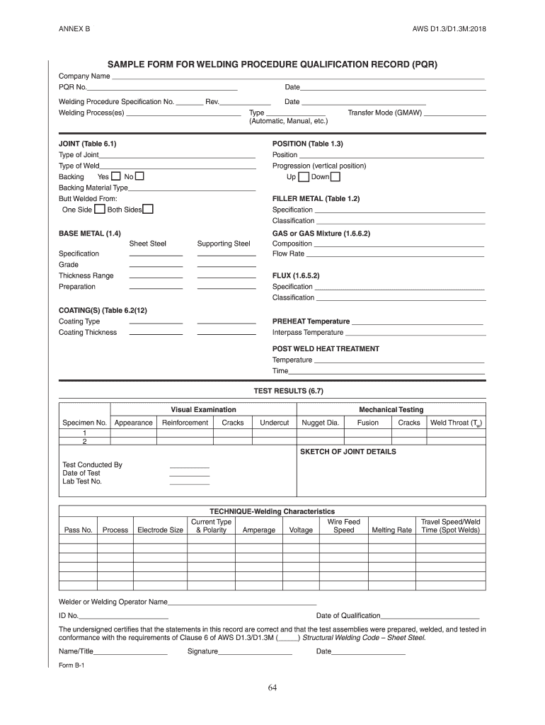 SAMPLE FORM for WELDING PROCEDURE QUALIFICATION RECORD PQR