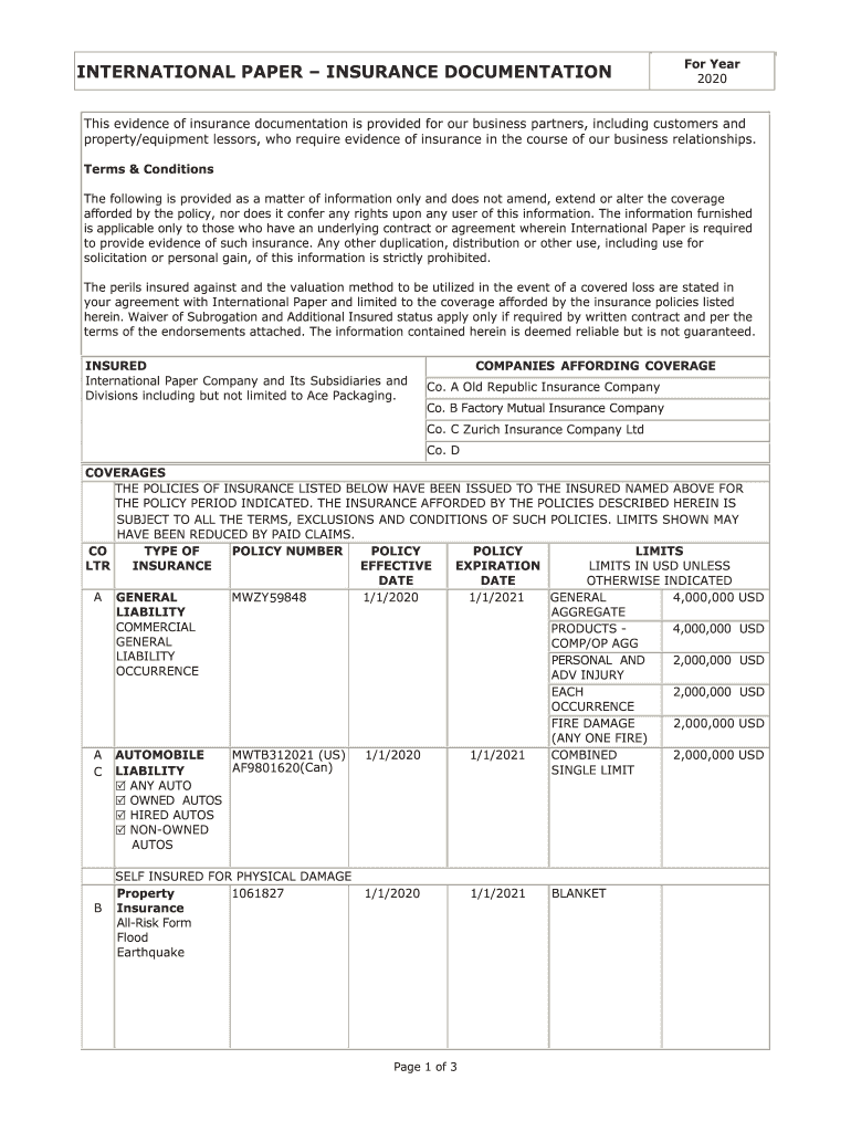  This Evidence of Insurance Documentation is Provided for Our Business Partners, Including Customers and 2020-2024