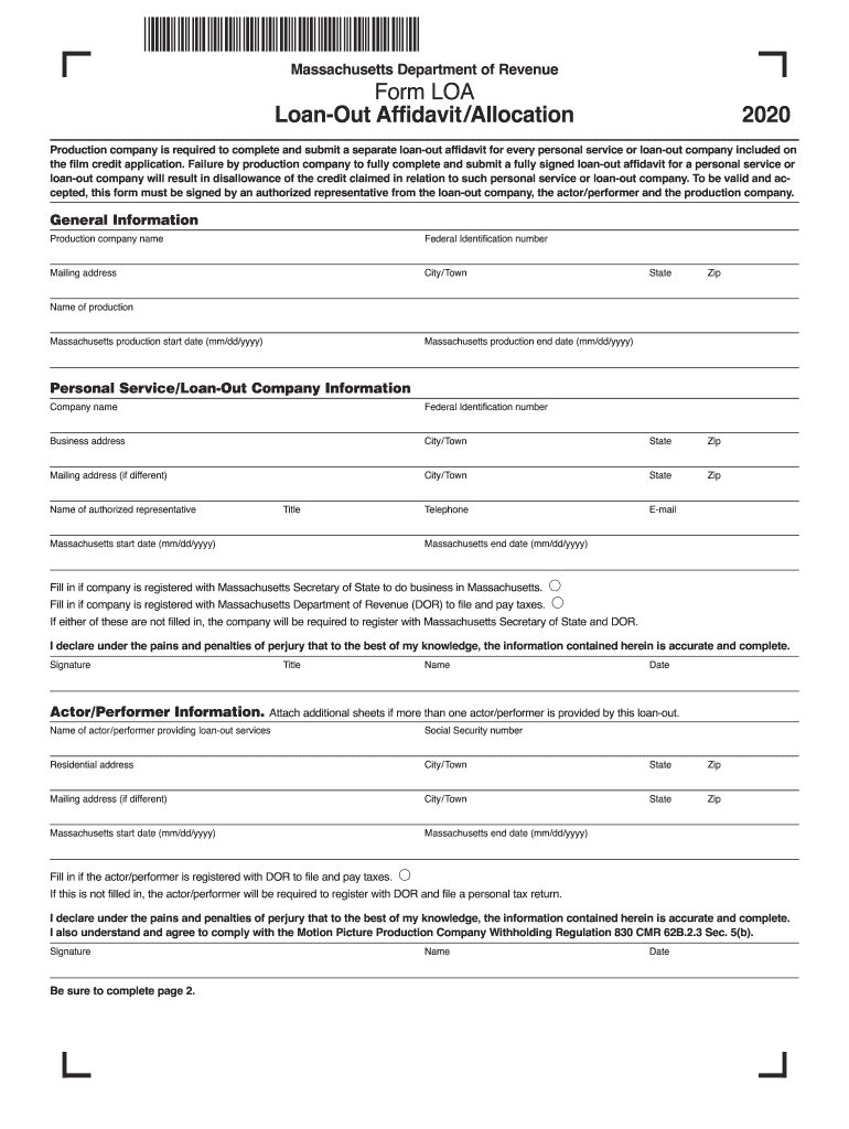 Form LOA Loan Out Affidavit Allocation 2020