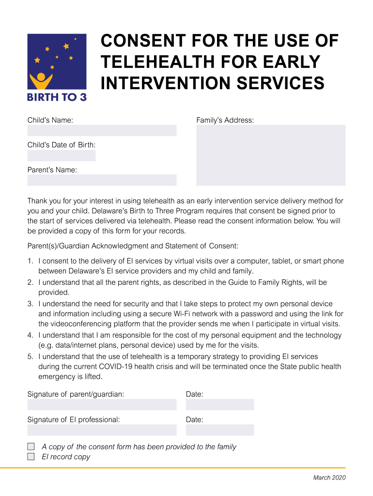 Consent for the Use of Telehealth for Early Intervention Services Consent Form for Telehealth Services